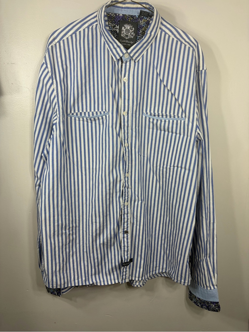 English Laundry Blaque Label Stripe Button‎ Shirt 2XL Blue White Floral Trim